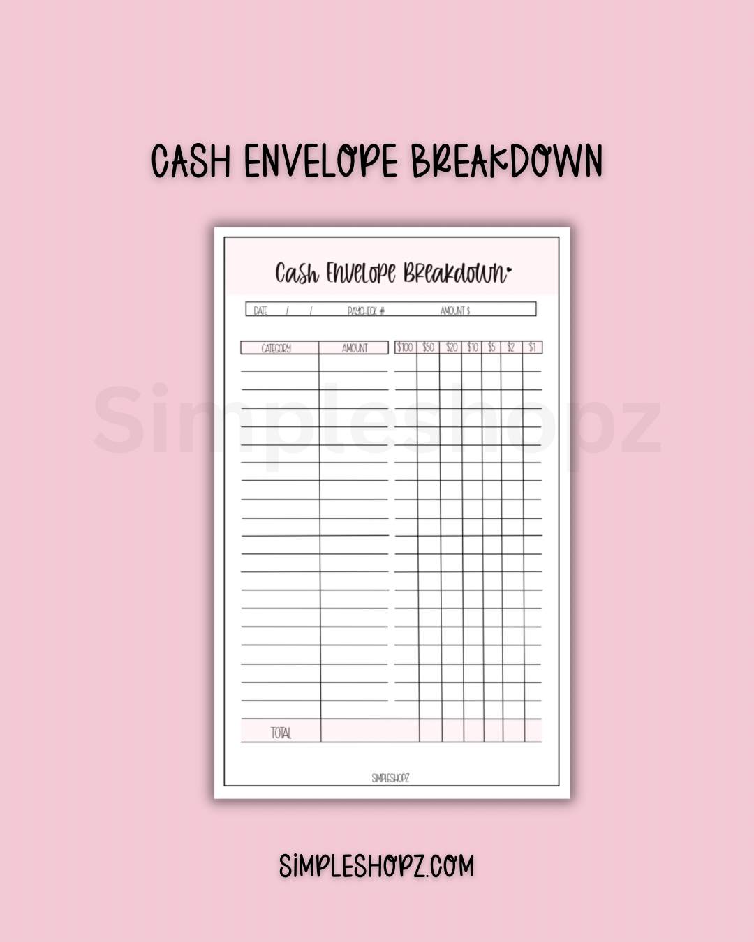 Cash Envelope Breakdown Notepad