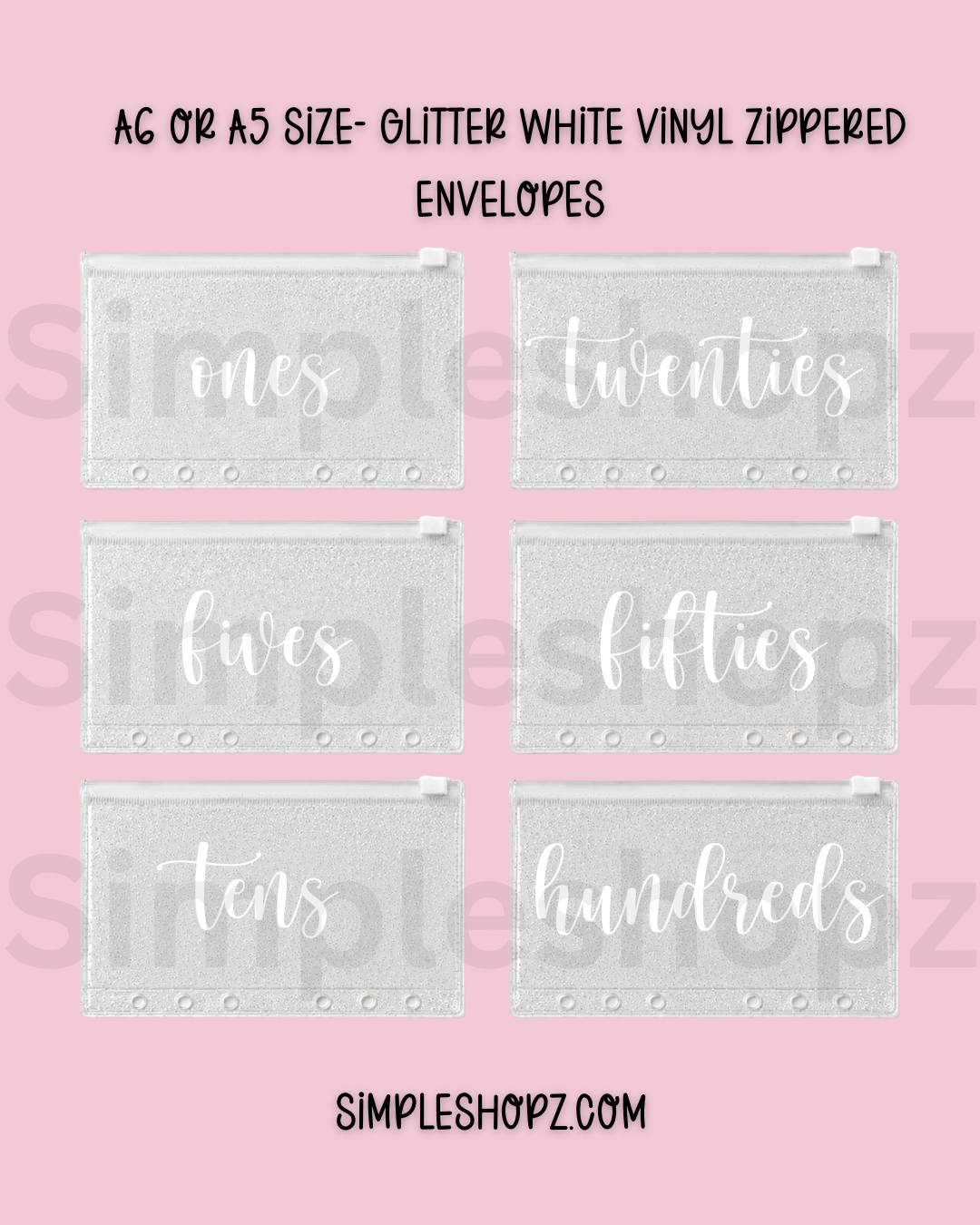 (Bundle of 6) Glitter Zippered Envelopes- Pre labeled with White Vinyl ONLY
