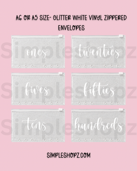(Bundle of 6) Glitter Zippered Envelopes- Pre labeled with White Vinyl ONLY