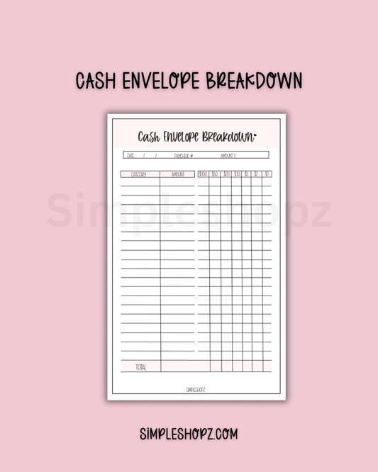 Cash Envelope Breakdown Notepad